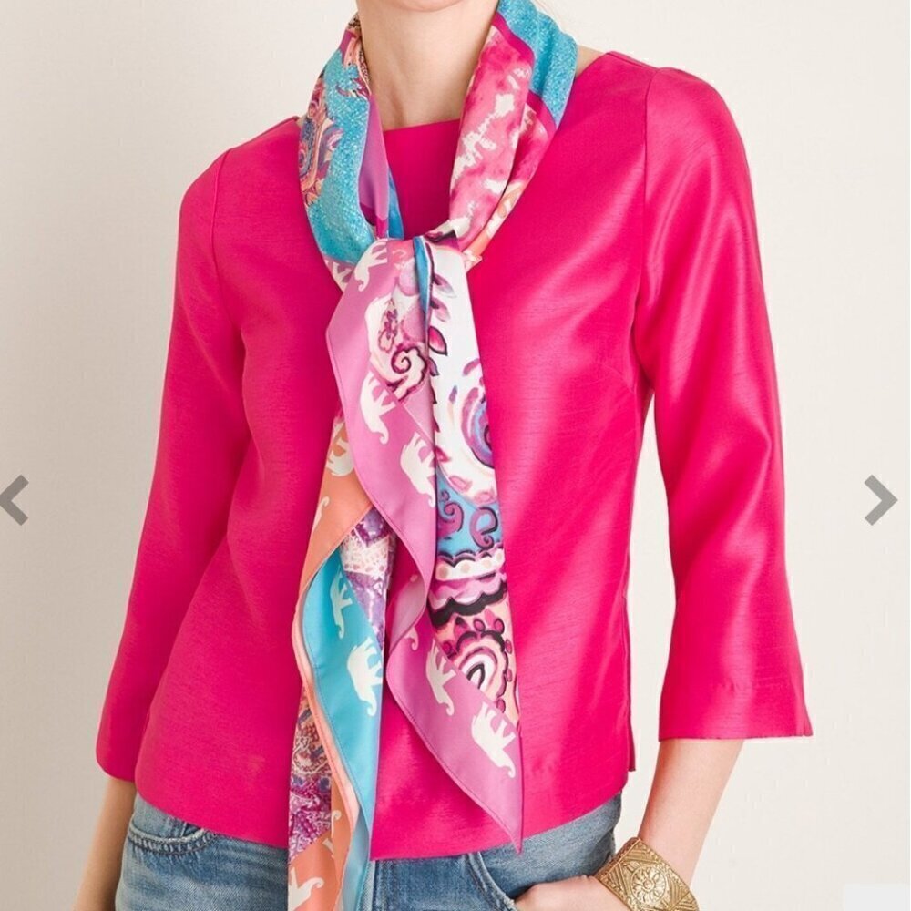 Chico's Pink & Blue Patchwork-Print Oversized Square Scarf 42" x 42"